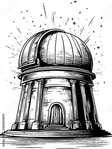 Vintage engraved illustration of observatory dome design for astronomy themed projects