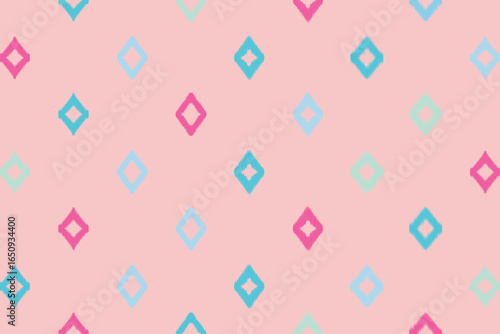 Pastel ikat seamless pattern in soft pink, baby blue, and mint green, cute geometric textile design for nursery, fashion fabric, gift wrap, and modern wallpaper