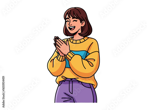 Smiling and Clapping: A cheerful woman with dark hair claps enthusiastically, embodying positivity, happiness, and joyful applause.