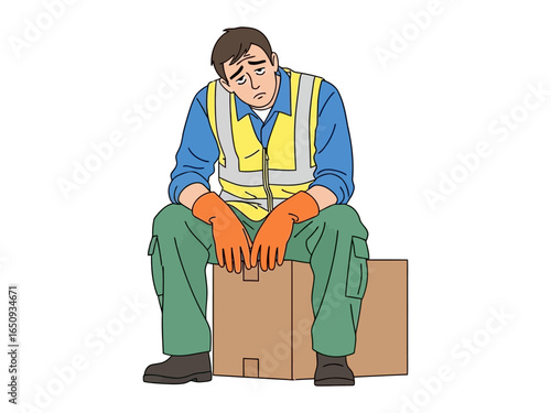 Exhausted Worker: A weary worker takes a moment to rest, slumped on a cardboard box, his posture reflecting the physical and mental strain of his labor.