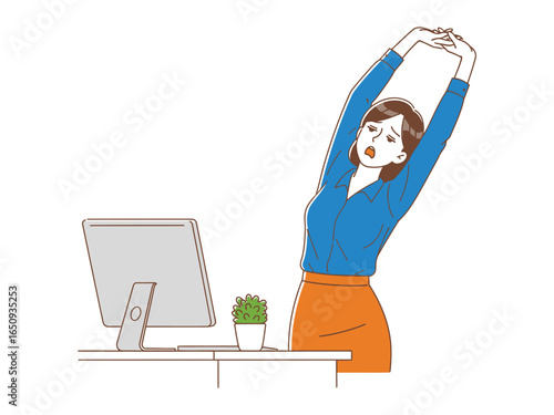 Workplace Stretch: A business person takes a well-deserved break to stretch and revitalize, surrounded by a modern office setup.