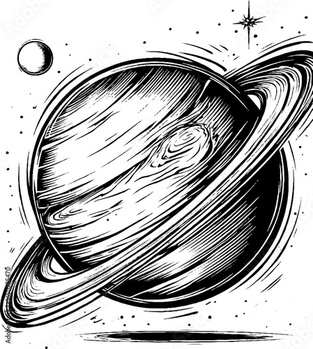 Vintage engraved illustration of planet jupiter with moons and stars for retro design