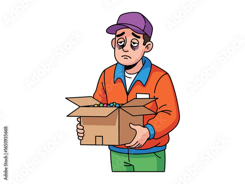 Weary Delivery Worker: A weary delivery worker, sporting a hat and uniform, trudges along with a half-filled cardboard box, portraying the burdens of everyday commerce.