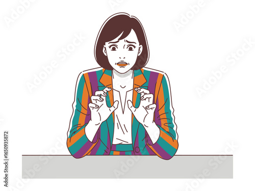 Caught in Surprise: An illustration captures the moment of stunned surprise, showcasing a woman expressing shock with hands in a dynamic and expressive pose, and a mixture of shock and trepidation.
