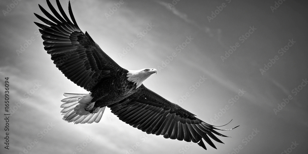 Obraz premium A majestic bird of prey, such as a hawk or eagle, soaring through the sky with powerful, outstretched wings. The composition emphasize the bird's graceful flight, captured from a low angle.