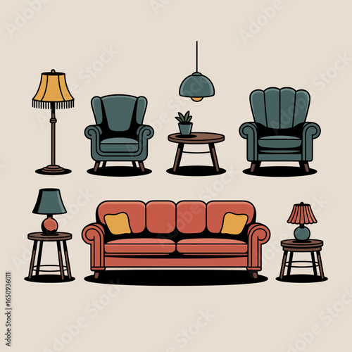  Furnishing Abundance: Modern illustration of a assortment of comfortable armchairs and sofas alongside table lamps with elegant simplicity.