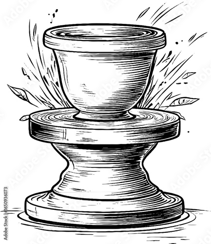 Vintage engraved illustration of pottery wheel craft design for art projects