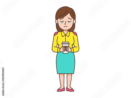 Sad Employee : a dejected woman, possibly an employee, stands clutching a takeaway cup, tears streaming down her face. A candid portrayal of melancholy.