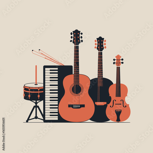 Harmonic Symphony: A collection of guitars and instruments harmoniously arranged, representing musical diversity, with elegant design, simple lines and inviting composition.