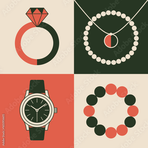  Elegant Accessory Collection: An exquisite illustration featuring a curated collection of luxury accessories. capturing the elegance and sophistication of timeless jewelry and watches.