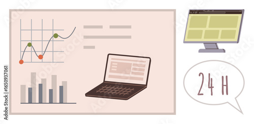 Foto Chart trends, bar graphs, a working laptop, a monitor, and a 24-hour speech bubble suggesting analytics, progress tracking, or non-stop efficiency