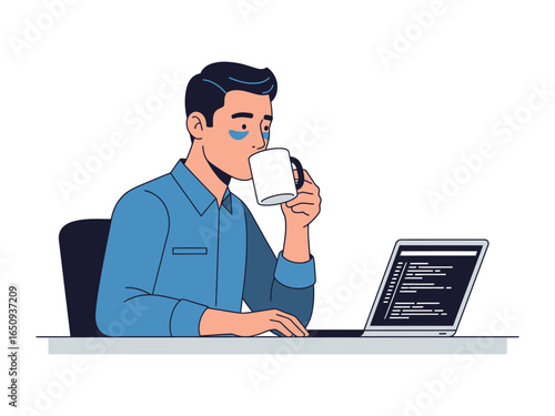 Digital Dawn: An illustration shows a person working on a laptop with a cup of coffee, capturing the essence of early morning digital labor.
