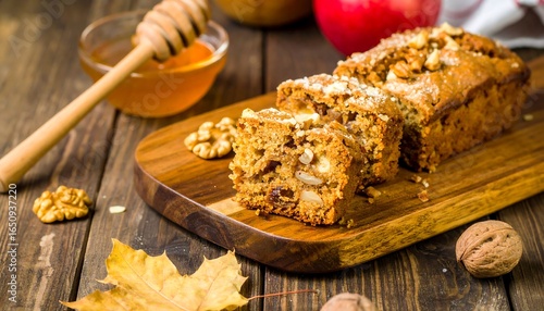 Sliced loaf cake with nuts and honey