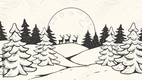 Illustration of a winter scene with deer under a large moon and surrounded by evergreen trees design silhouette