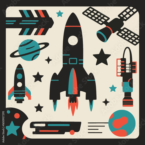 Celestial Expedition: A vibrant illustration showcasing a fleet of rockets soaring through a mesmerizing stars cape, accompanied by radiant planets.