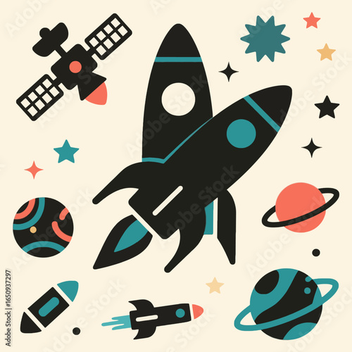 Celestial Expedition: A vibrant illustration showcasing a fleet of rockets soaring through a mesmerizing stars cape, accompanied by radiant planets.