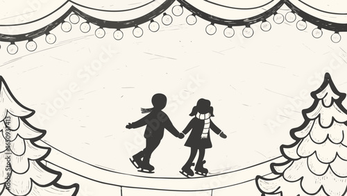 A couple ice skating on a rink decorated with christmas lights and trees in a simple black and white drawing silhouette