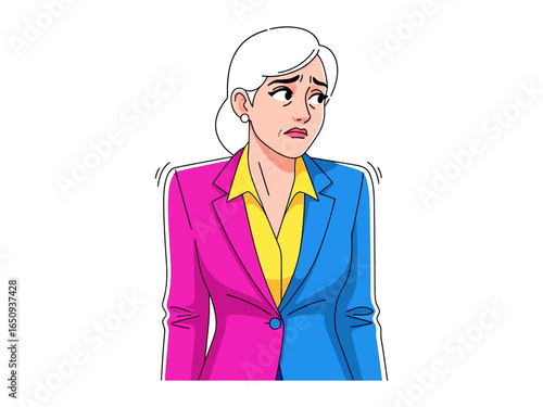 Fear and Apprehension: A woman expresses unease and anxiety, her gaze filled with trepidation, wearing a suit that subtly highlights the complexities of inner turmoil. 