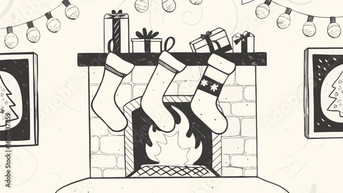 Christmas scene with fireplace stockings gifts and lights hand drawn illustration style design vector silhouette