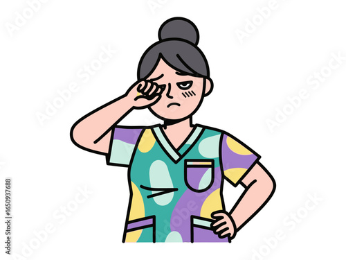 Exhausted Healthcare Worker: An illustrative depiction of a healthcare worker, rubbing her tired eye, capturing the emotional and physical strain of the profession.