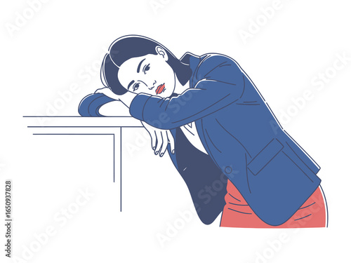 Melancholy at the Desk: A woman rests her head on the table, captured in a moment of quiet solitude. Emphasizing the essence of her pensive and weary feelings.