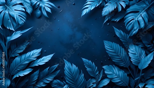 Tropical Blue Leaves Collection with Space Background