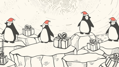 Penguins wearing santa hats standing on ice floes surrounded by christmas gifts in a snowy landscape silhouette