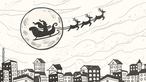 Santa claus flying over city with reindeer and sleigh in front of the moon on christmas night sky above town silhouette