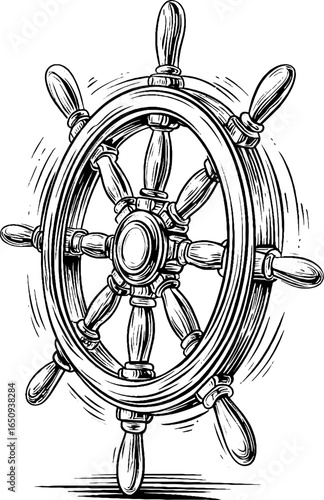 Vintage engraved ship wheel illustration for nautical decor and design