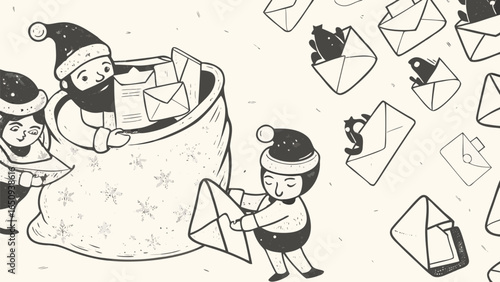 Santa and elves delivering letters from a large bag with animals in envelopes illustration silhouette