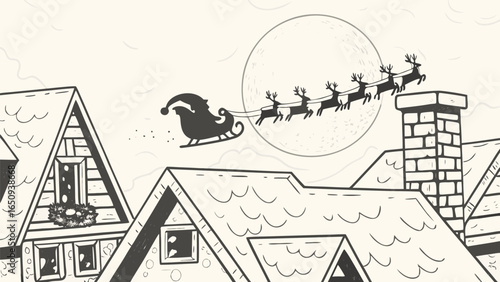 Santa claus silhouette flying over rooftops with reindeer and sleigh under a full moon in winter night