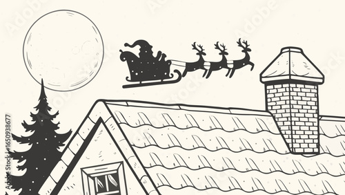 Illustration of santa in a sleigh pulled by reindeer flying over a house with a chimney and a full moon silhouette