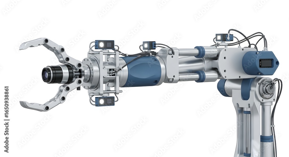 Naklejka premium Advanced Industrial Robotic Arm with Claw and Electronic Components in White Background