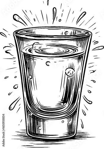 Vintage engraved shot glass illustration with bold black lines for retro design