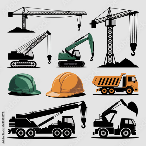 Construction Machinery Illustration: A collection of construction vehicles and equipment. An illustration showcases a range of construction machinery.