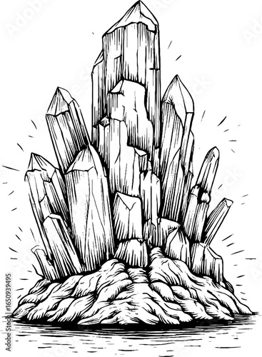 Intricate engraved illustration of stalagmites for natural history design