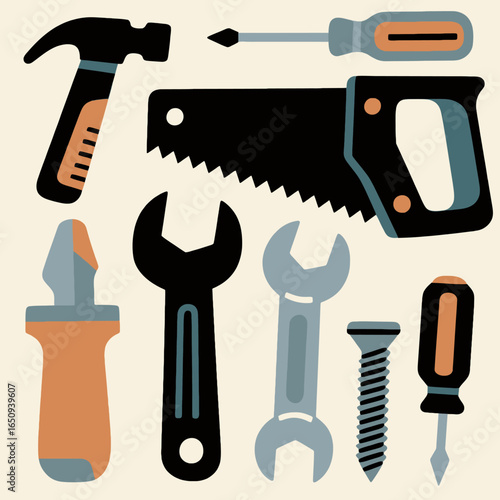 DIY Tools: Collection of essential tools of a carpenter or craftsman displayed in an artful and visually appealing manner that sparks creativity and craftsmanship.