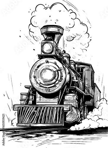 Vintage engraved illustration of steam locomotive for retro design posters and cards