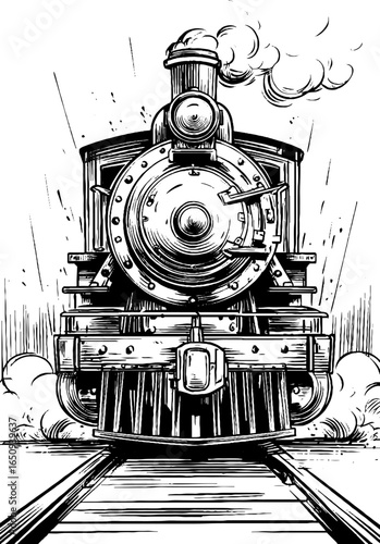 Vintage engraved illustration of steam locomotive front view design for print and posters