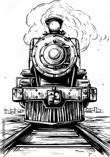 Vintage engraved illustration of steam locomotive front - retro design for posters