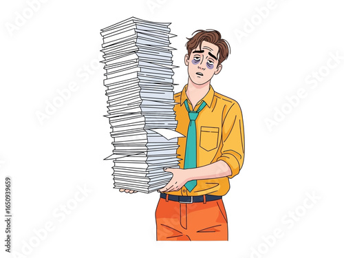 Overwhelmed at Work: A person carries a massive stack of paperwork, depicting the immense pressure and challenges of a professional workload.