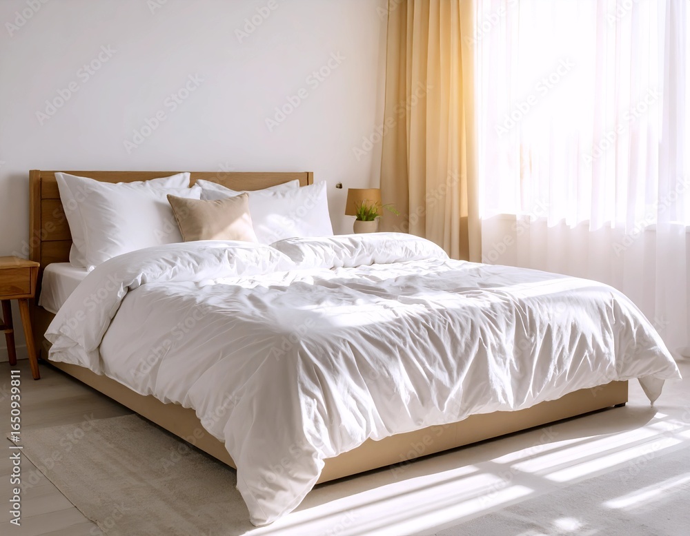 Obraz premium Comfortable bed in bright bedroom interior for relaxation and rest