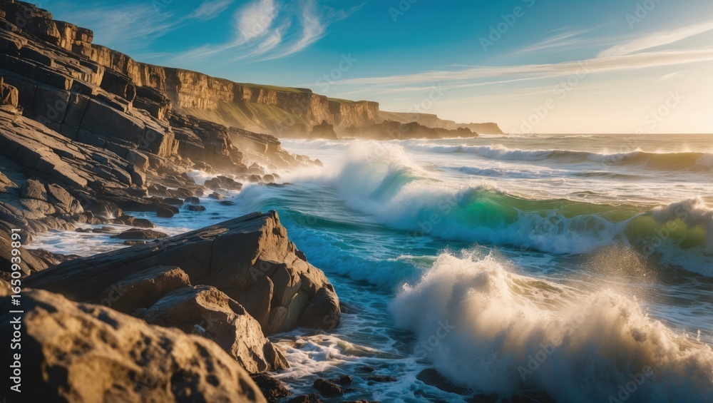 Obraz premium Seaside landscape with cliffs and crashing waves during sunset. Coastal scenery and ocean view. Nature and marine environment. The scene of rocky coastline and ocean waves.
