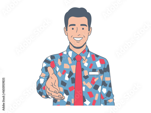 Handshake Gesture: a graphic representation of a man in a colorful shirt reaching out his hand with a gesture of cooperation.