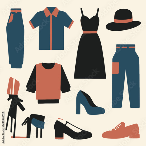 Essential Wardrobe: A colorful illustration featuring a curated collection of everyday clothing items, showcasing the building blocks of a stylish outfit. 