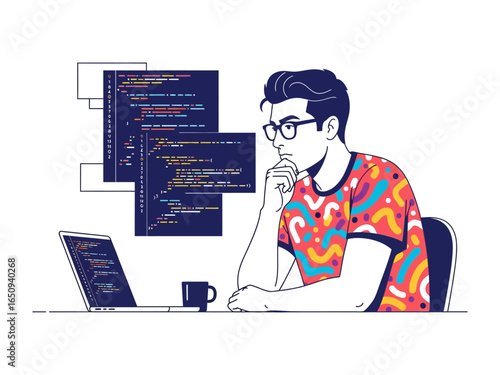 Code Quest: A focused coder meticulously analyzes lines of code on his laptop, accompanied by a dark mug and digital code displays.