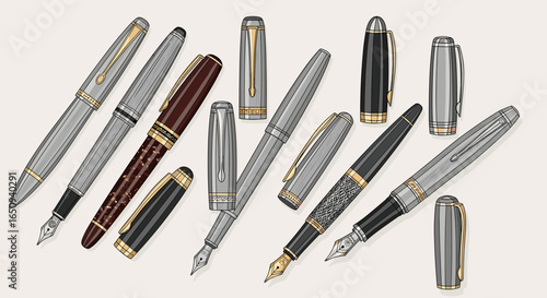 A collection of fountain pens with varied designs and colors arranged on a white surface in a group shot