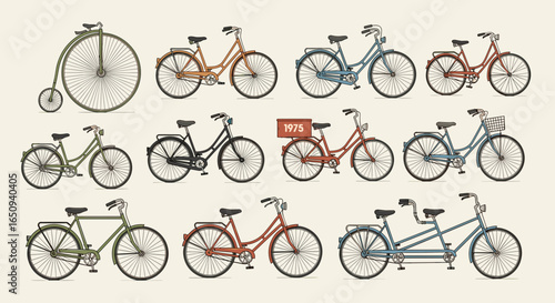 Collection of vintage bicycles showcasing different models and designs in an array of colors and styles