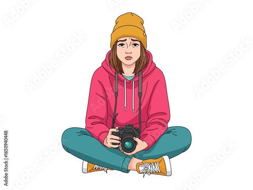 Photographer's Contemplation: A young individual, lost in thought with a camera, seated in a cross-legged posture, showcasing a moment of introspective reflection.
