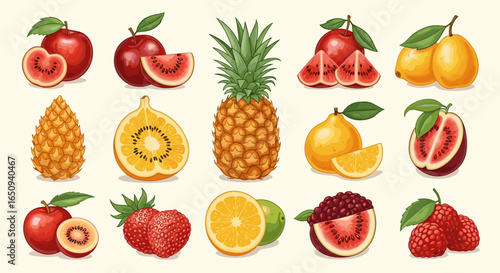 Assorted fruits including pineapple, plums, lemons, strawberries, and raspberries are displayed here